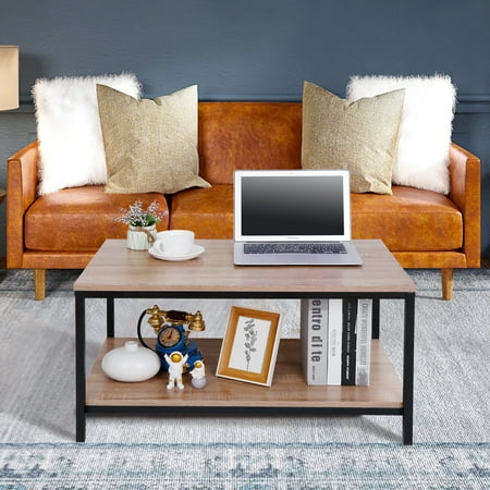 SuperDeal Rectangular Minimalist Coffee Table 2-Tier Storage MDF + Metal, Natural