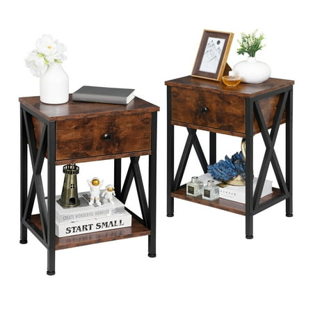 SuperDeal Set of 2 Chipboard End Tables W/Drawer Rectangle Iron Coating, Coffee Brown