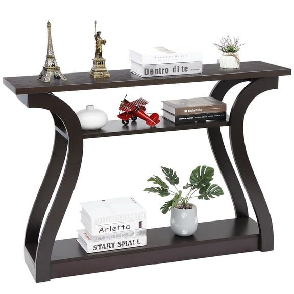 SuperDeal Simple Curve Console Table Porch Side Table Glossy MDF Blackish Brown