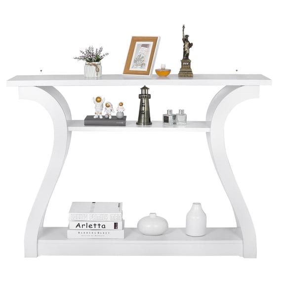 SuperDeal Simple Curve Console Table Porch Side Table Glossy MDF White