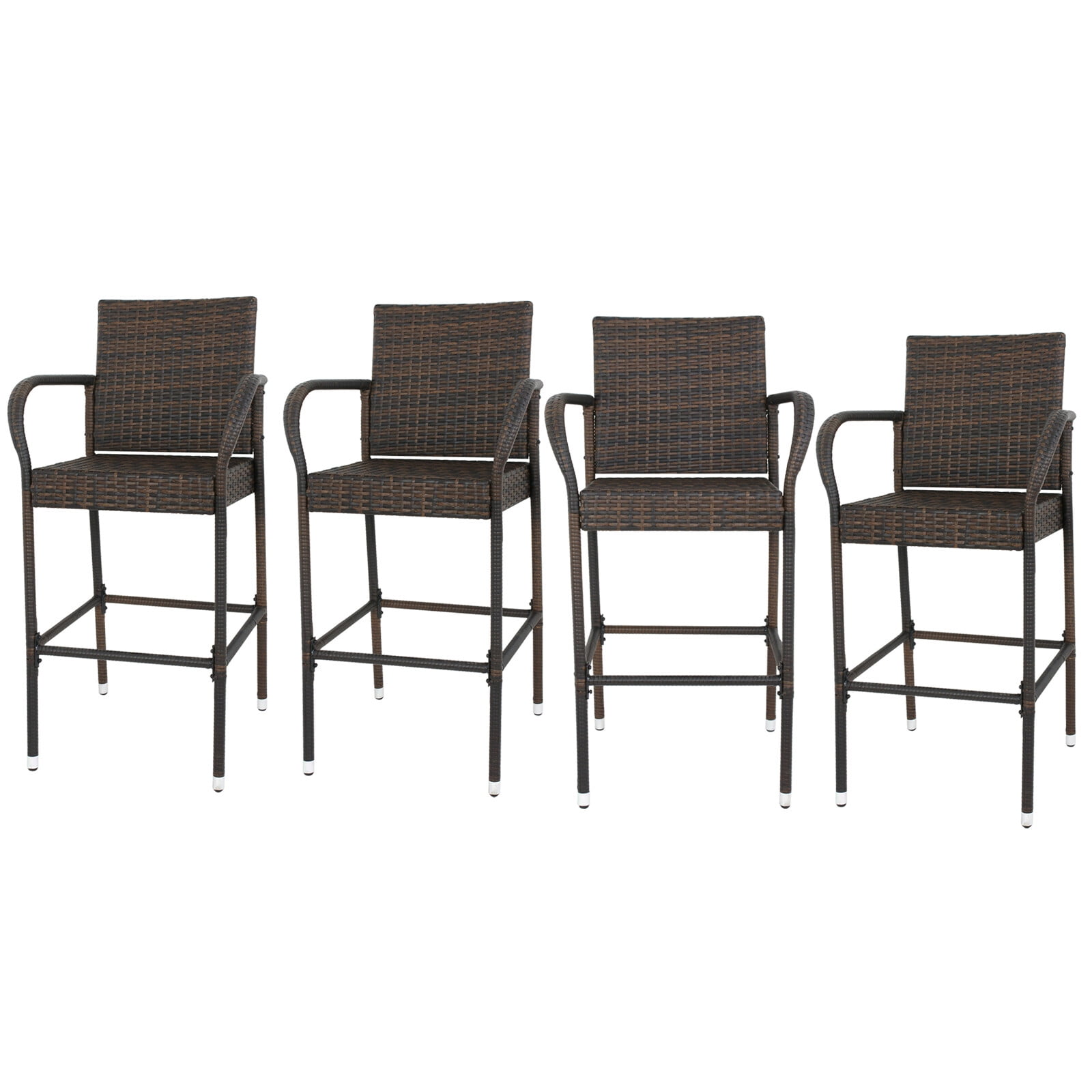 Delfina Outdoor Multibrown Wicker Barstool Set with Armrests, 4-Piece