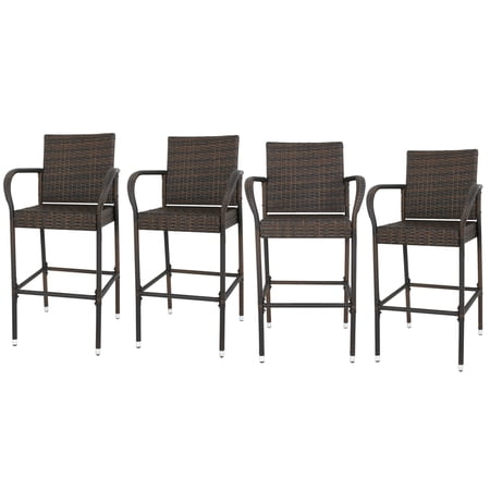 SuperDeal Wicker Bar Stool Outdoor Patio Rattan Chair Metal Frame Set of Four, Brown