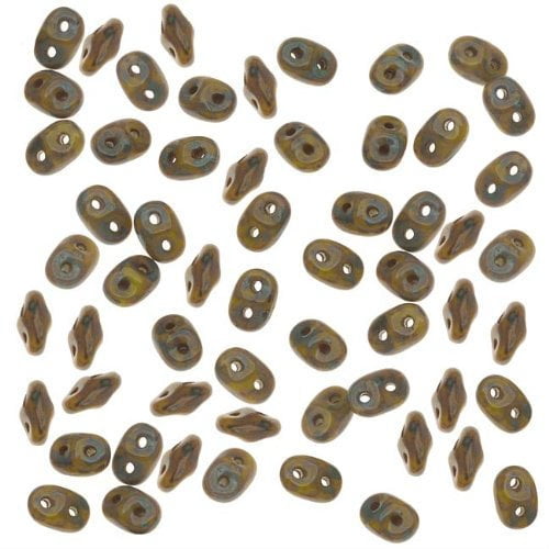 SuperDuo, Czech Glass 2-Hole Seed Beads 5.5x2.5mm, Opaque Olive Picasso, 22 Grams