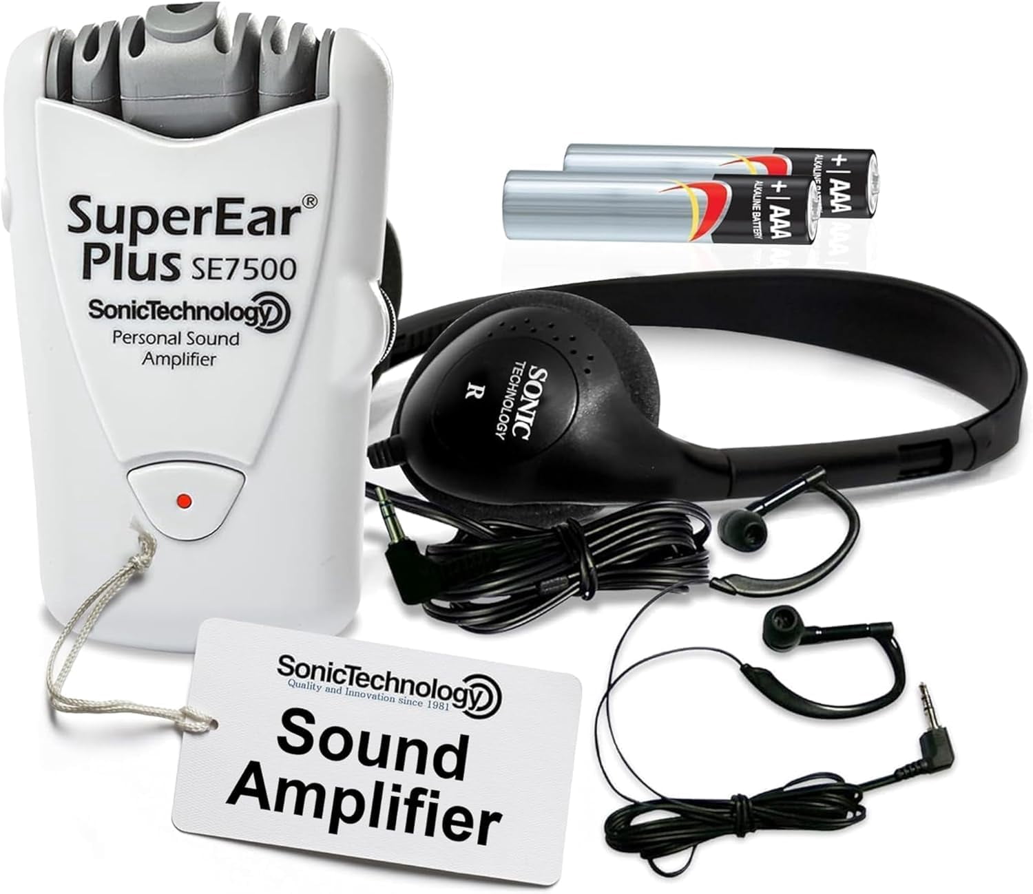 SuperEar Plus SE7500 Personal Sound Amplifier by Sonic Technology with Headphone & Earbud, Case, Extra Batteries & Liberty Microfiber Cleaning Cloth