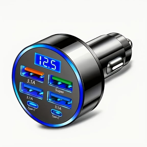 SuperFast 6-Port USB-C Car Charger 3.1A Intelligent Shunt Tech Multi-Device Simultaneous Charging 12-24V