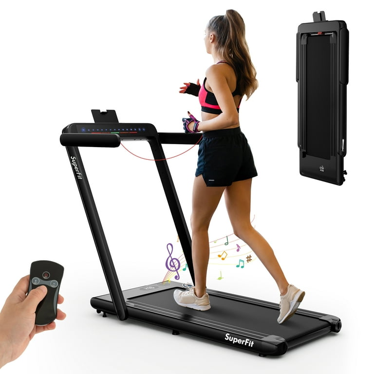 SuperFit Up To 7.5MPH 2.25HP 2 in 1 Dual Display Screen Folding Treadmill  Jogging Machine W/APP Control Black