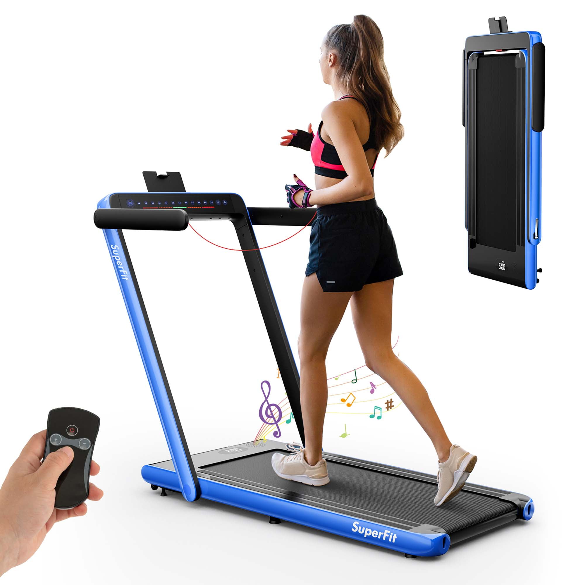 SuperFit Up To 7.5MPH 2.25HP 2 in 1 Dual Display Screen Folding Treadmill Jogging  Machine W/APP Control Black 