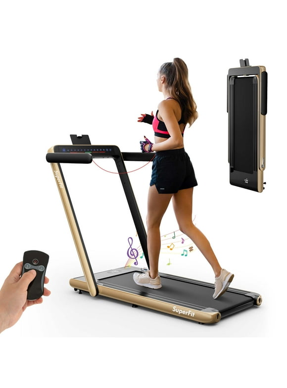 SuperFit Up To 7.5MPH 2.25HP 2 in 1 Dual Display Screen Folding Treadmill Jogging Machine W/APP Control Gold