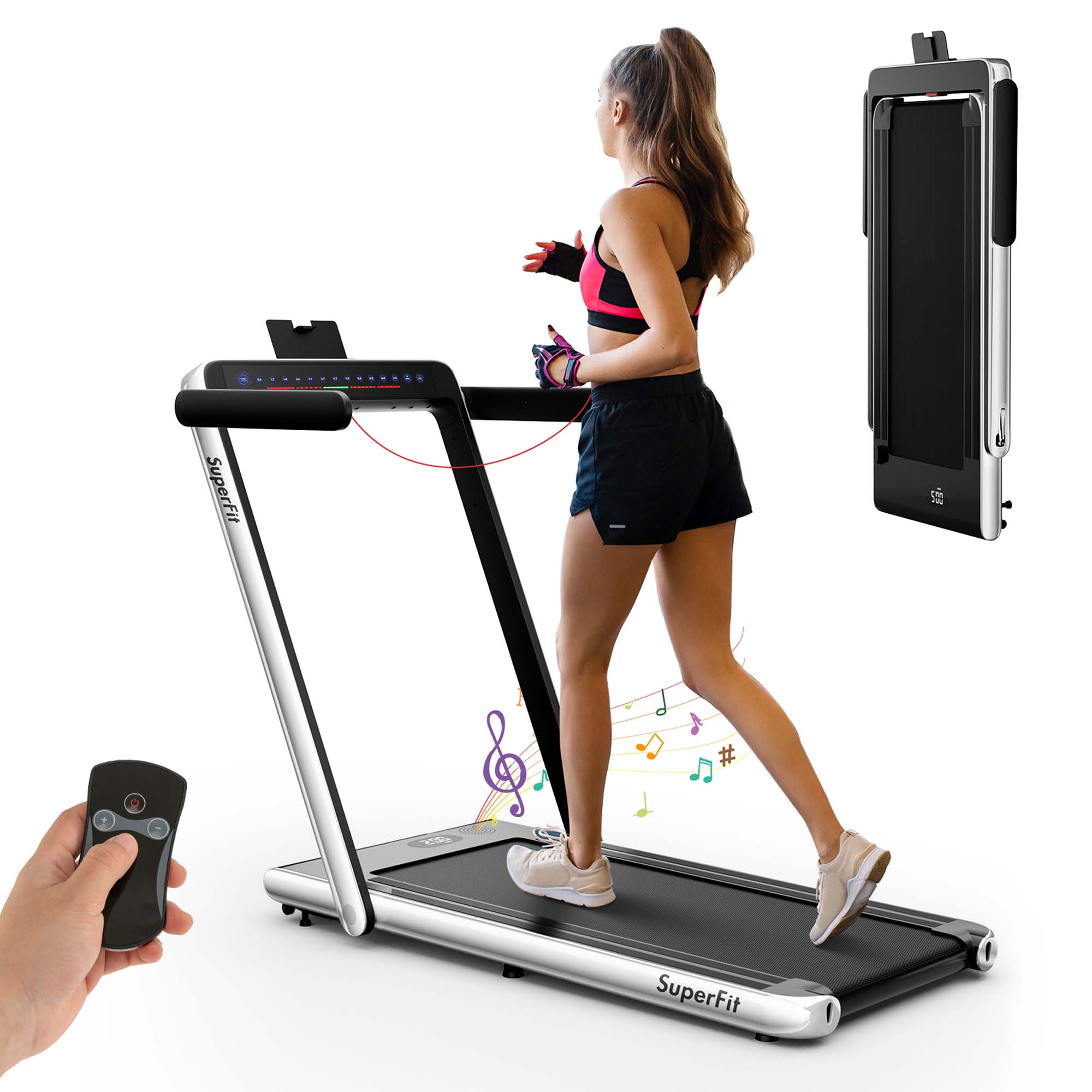 SuperFit Up To 7.5MPH 2.25HP 2 in 1 Dual Display Screen Folding Treadmill Jogging Machine W/APP Control Silver - image 1 of 10