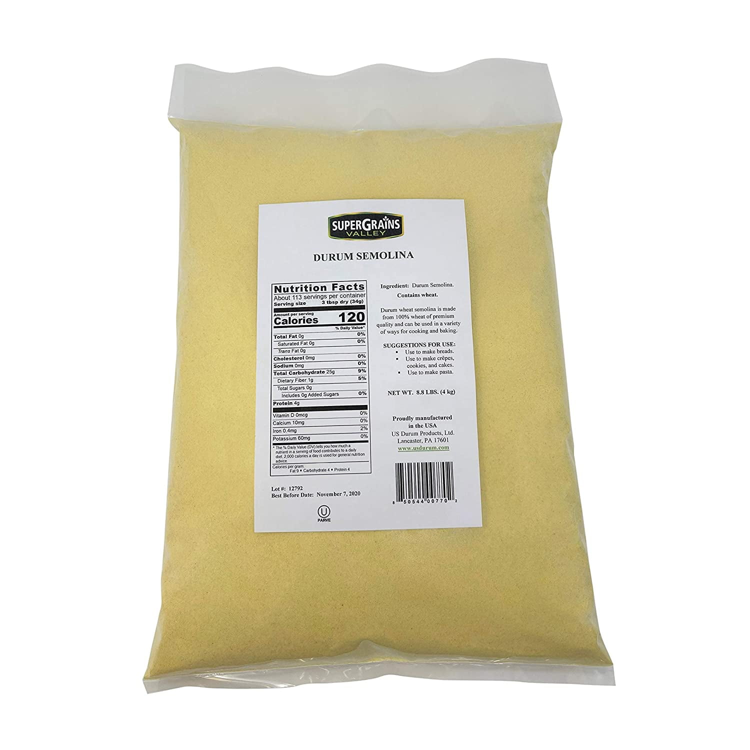 SuperGrains Valley Durum Semolina Flour 8.8lbs, Semolina Flour for Pasta, Pizza Dough, Bread