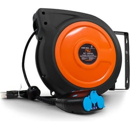 Masterplug 80ft Extension Cord Reel with four shuttered powered outlets and  a super comfortable ridged handle. 