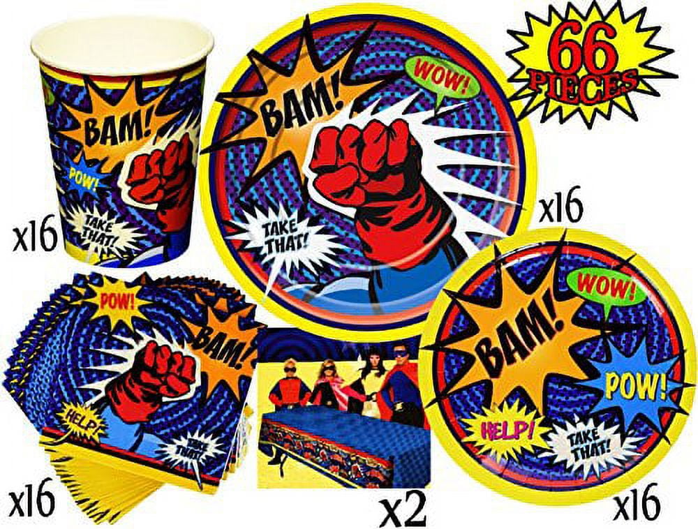 MATTY'S TOY STOP SuperHero Theme Party Supplies Pack for 16 People, Includes 16 Large Plates, 16 Small Plates, 16 Napkins, 16 Cups & 2 Table Covers - Perfect for Birthday or any Party