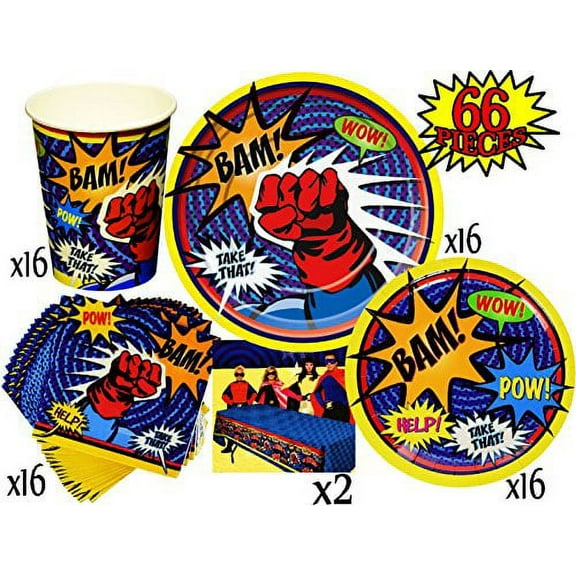SuperHero Theme Party Supplies Pack for 16 People, Includes 16 Large Plates, 16 Small Plates, 16 Napkins, 16 Cups & 2 Table Covers - Perfect for Birthday or any Party