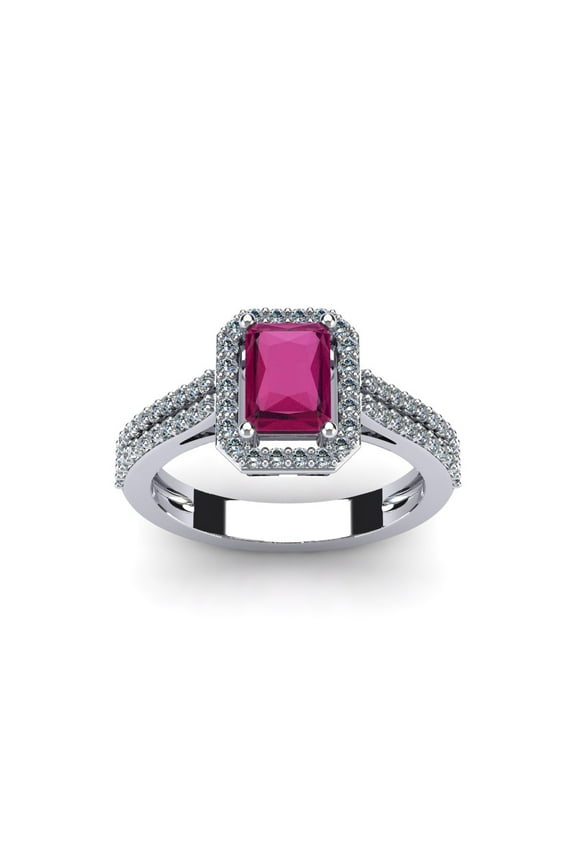 1 1/2 Carat Octagon Shape Created Ruby and Halo Diamond Ring In Sterling Silver For Women