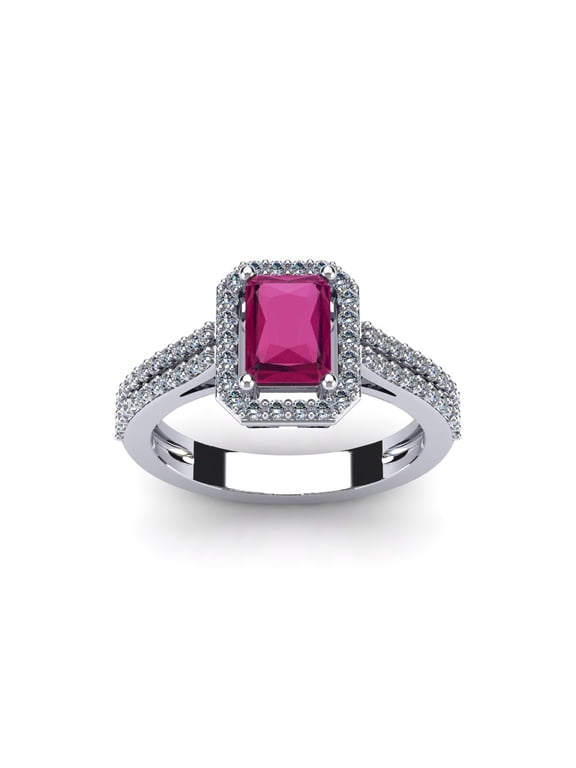 1 1/2 Carat Octagon Shape Created Ruby and Halo Diamond Ring In Sterling Silver For Women