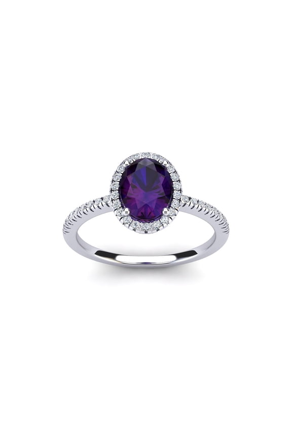 1 1/2 Carat Oval Shape Amethyst and Halo Diamond Ring In Sterling Silver For Women