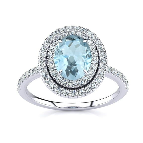 SuperJeweler 1 1/2 Carat Oval Shape Aquamarine and Double Halo Diamond Ring In Sterling Silver For Women