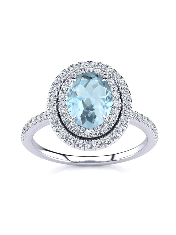 1 1/2 Carat Oval Shape Aquamarine and Double Halo Diamond Ring In Sterling Silver For Women