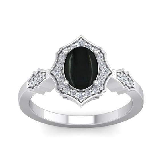 SuperJeweler 1 1/2 Carat Oval Shape Black Onyx and Halo Diamond Ring In Sterling Silver For Women