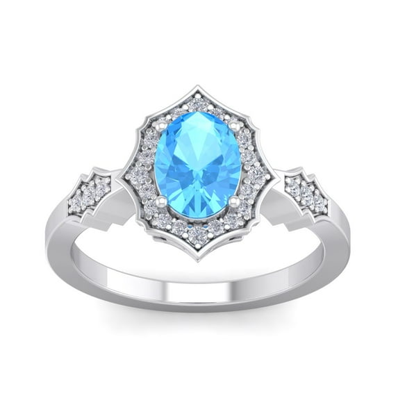 SuperJeweler 1 1/2 Carat Oval Shape Blue Topaz and Halo Diamond Ring In Sterling Silver For Women