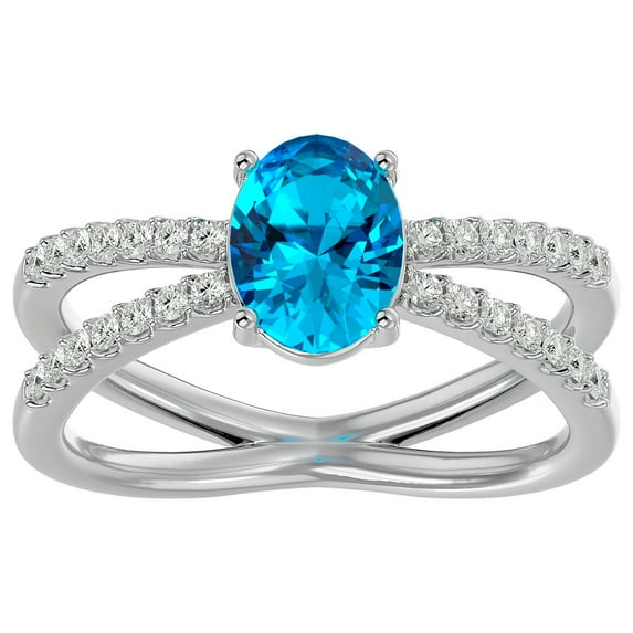 SuperJeweler 1 1/2 Carat Oval Shape Blue Topaz and Halo Diamond Ring In Sterling Silver For Women
