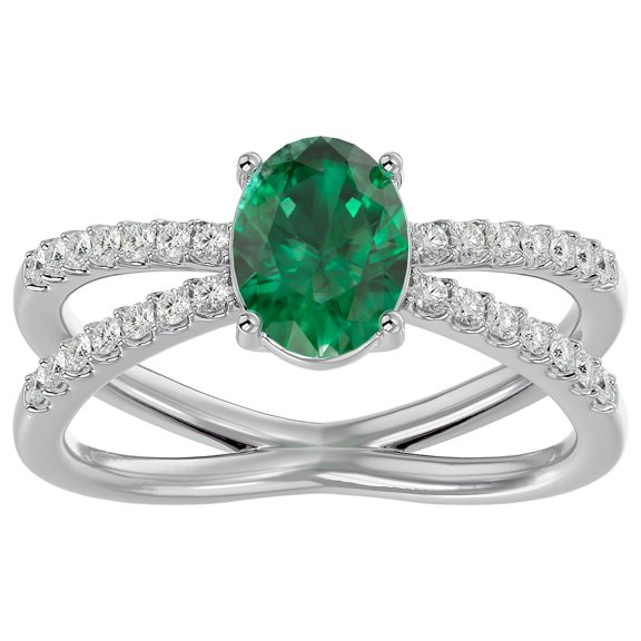 SuperJeweler 1 1/2 Carat Oval Shape Created Emerald and Halo Diamond Ring In Sterling Silver For Women