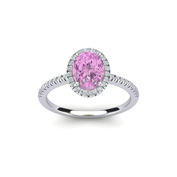 SuperJeweler 1 1/2 Carat Oval Shape Created Pink Sapphire and Halo Diamond Ring In Sterling Silver For Women
