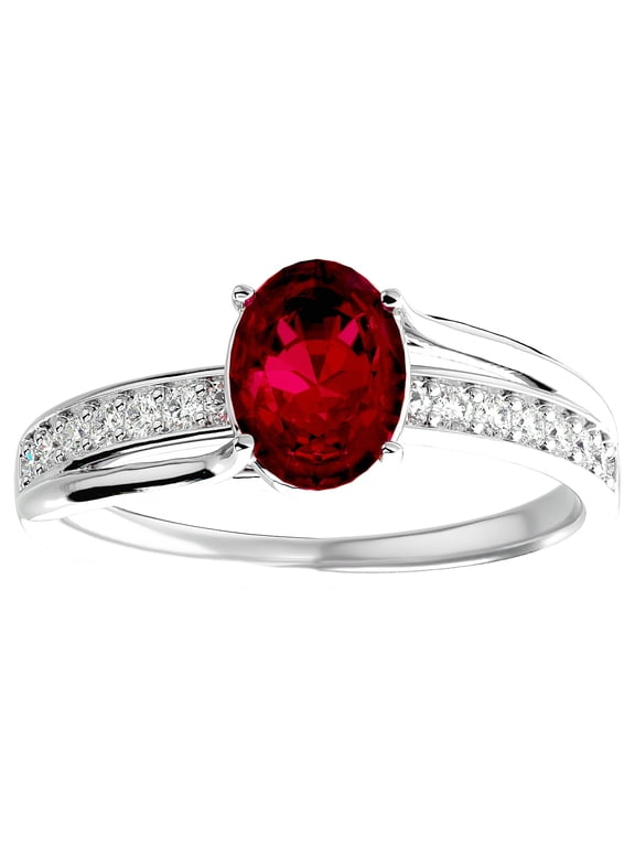 1 1/2 Carat Oval Shape Created Ruby and Diamond Ring In Sterling Silver For Women