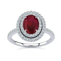 SuperJeweler 1 1/2 Carat Oval Shape Created Ruby and Double Halo Diamond Ring In Sterling Silver For Women