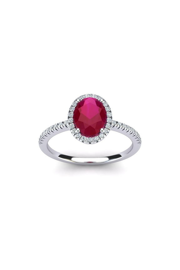 1 1/2 Carat Oval Shape Created Ruby and Halo Diamond Ring In Sterling Silver For Women