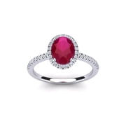 SuperJeweler 1 1/2 Carat Oval Shape Created Ruby and Halo Diamond Ring In Sterling Silver For Women