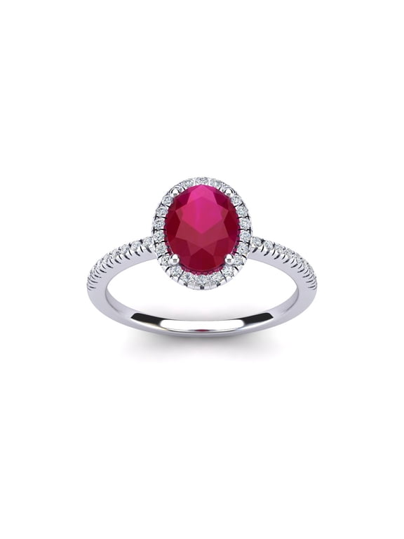 1 1/2 Carat Oval Shape Created Ruby and Halo Diamond Ring In Sterling Silver For Women