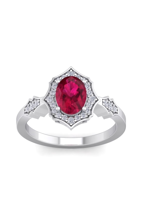 1 1/2 Carat Oval Shape Created Ruby and Halo Diamond Ring In Sterling Silver For Women