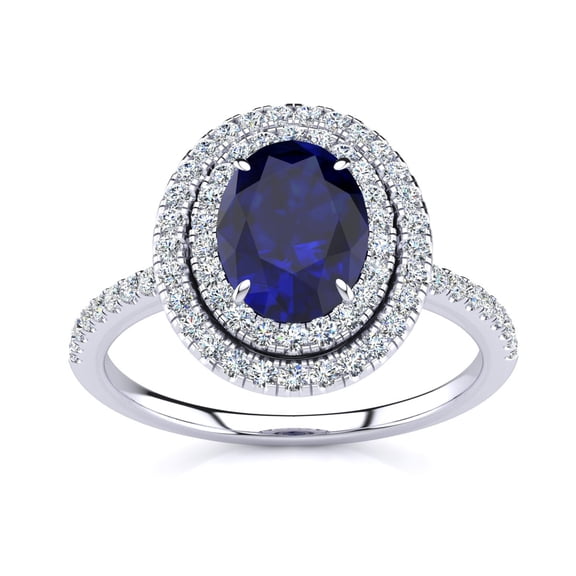 SuperJeweler 1 1/2 Carat Oval Shape Created Sapphire and Double Halo Diamond Ring In Sterling Silver For Women
