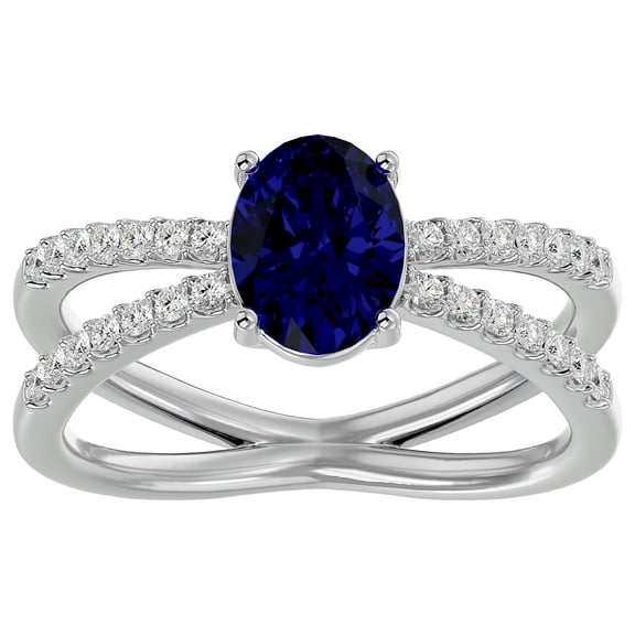 SuperJeweler 1 1/2 Carat Oval Shape Created Sapphire and Halo Diamond Ring In Sterling Silver For Women
