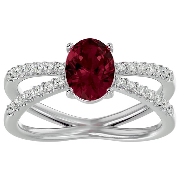 SuperJeweler 1 1/2 Carat Oval Shape Garnet and Halo Diamond Ring In Sterling Silver For Women