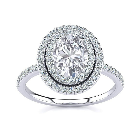 SuperJeweler 1 1/2 Carat Oval Shape Moissanite and Diamond Double Halo Ring In Sterling Silver For Women