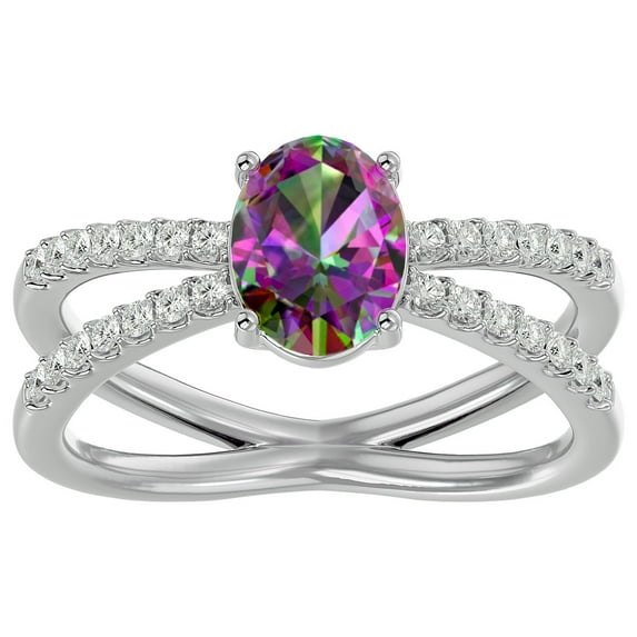 SuperJeweler 1 1/2 Carat Oval Shape Mystic Topaz and Halo Diamond Ring In Sterling Silver For Women