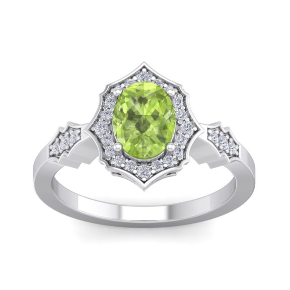 SuperJeweler 1 1/2 Carat Oval Shape Peridot and Halo Diamond Ring In Sterling Silver For Women