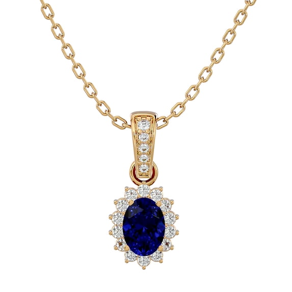 SuperJeweler 1 1/3 Carat Oval Shape Sapphire and Diamond Necklace In 14 Karat Yellow Gold, 18 Inches For Women