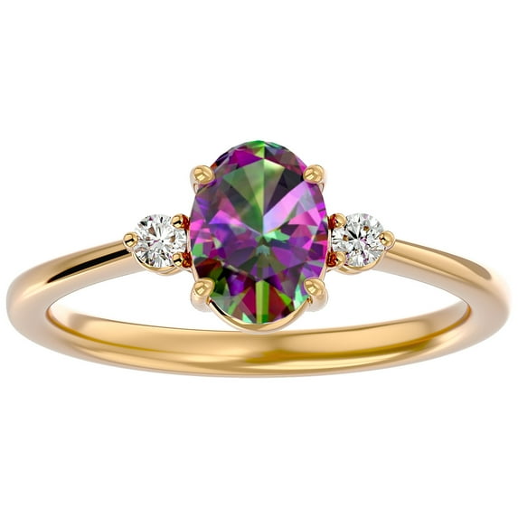 SuperJeweler 1.15 Carat Oval Shape Mystic Topaz and Two Diamond Ring In 14 Karat Yellow Gold For Women