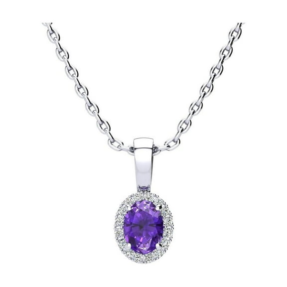 SuperJeweler 1/2 Carat Oval Shape Amethyst and Halo Diamond Necklace In Sterling Silver With 18 Inch Chain For Women