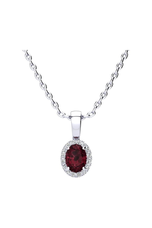 1/2 Carat Oval Shape Garnet and Halo Diamond Necklace In Sterling Silver With 18 Inch Chain For Women