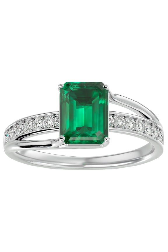 1 3/4 Carat Emerald Shape Created Emerald and Diamond Ring In Sterling Silver For Women