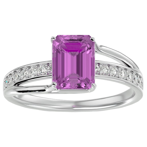 SuperJeweler 1 3/4 Carat Emerald Shape Created Pink Sapphire and Diamond Ring In Sterling Silver For Women
