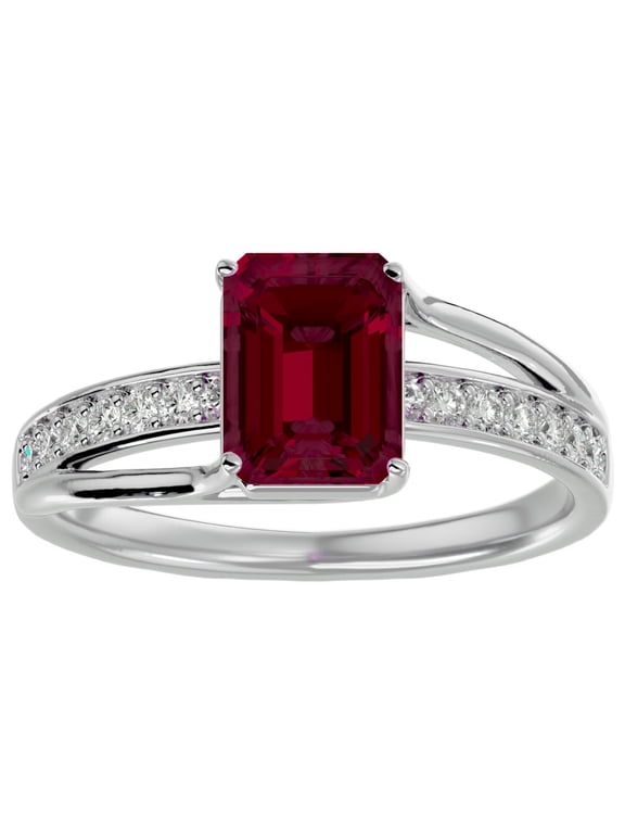 1 3/4 Carat Emerald Shape Created Ruby and Diamond Ring In Sterling Silver For Women