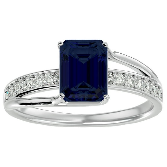 SuperJeweler 1 3/4 Carat Emerald Shape Created Sapphire and Diamond Ring In Sterling Silver For Women