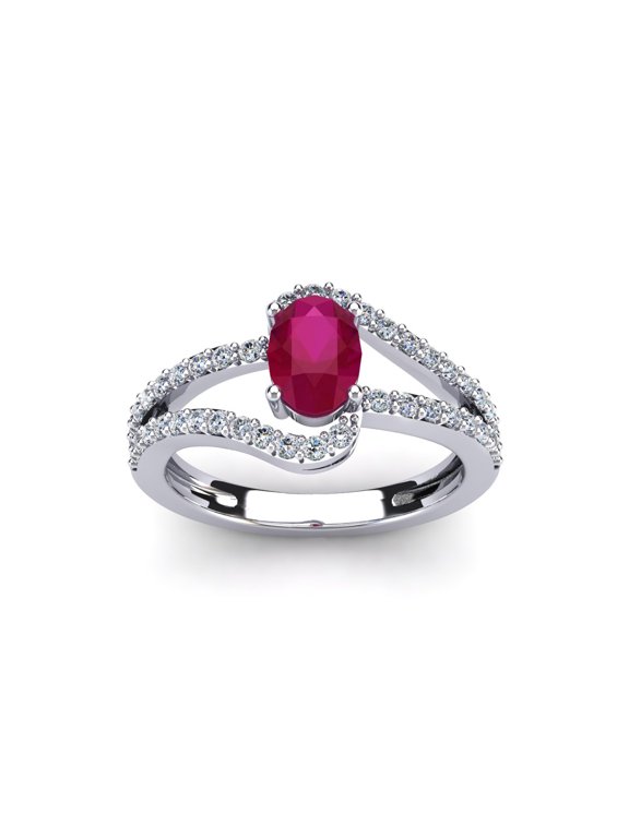 1.40 Carat Oval Shape Created Ruby and Fancy Diamond Ring In Sterling Silver For Women