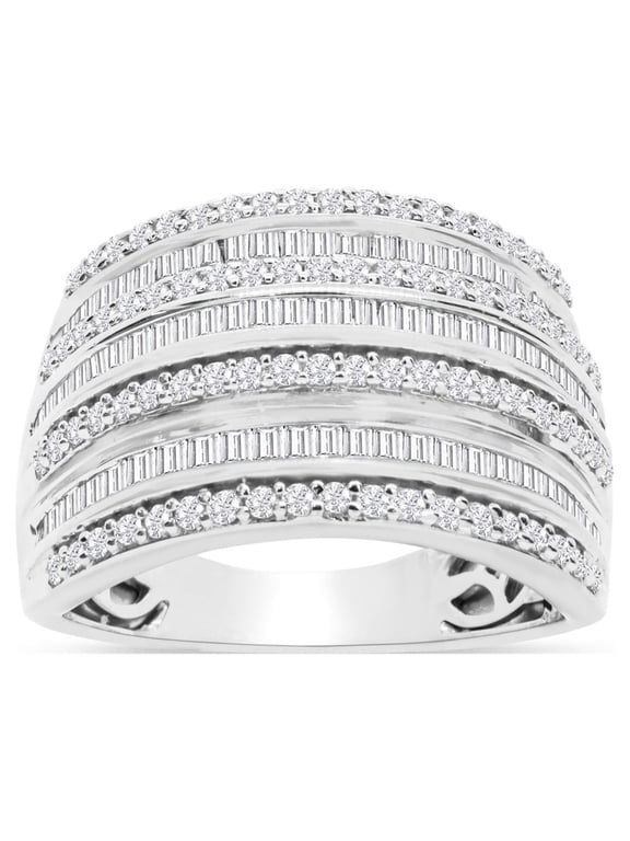 1 Carat Baguette and Round Colorless Diamond Band Ring In Sterling Silver For Women