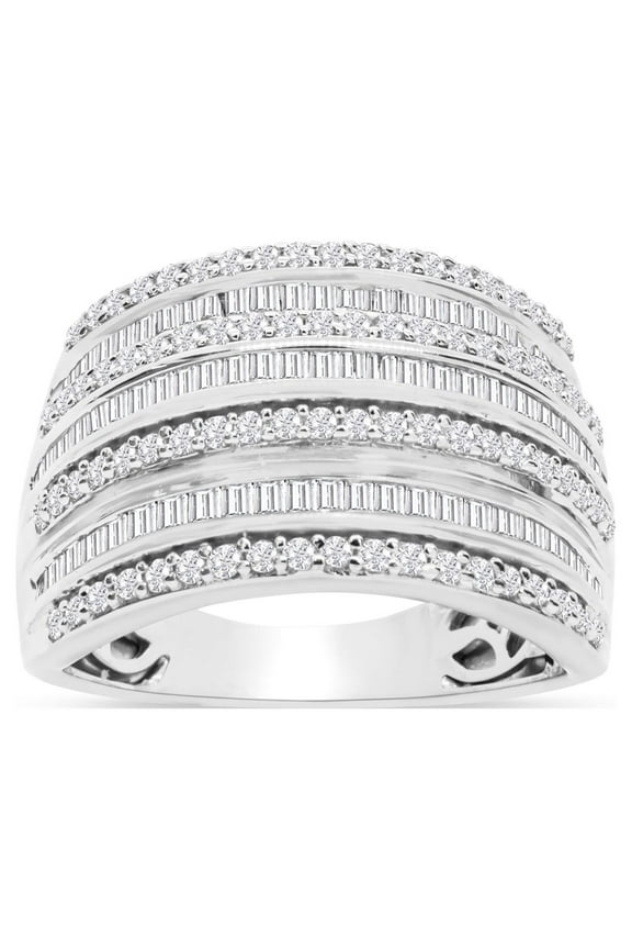 1 Carat Baguette and Round Colorless Diamond Band Ring In Sterling Silver For Women